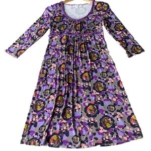Boden Floral Print Jersey Midi Dress 3/4 Sleeves Ruffled Empire Waist 8 Purple